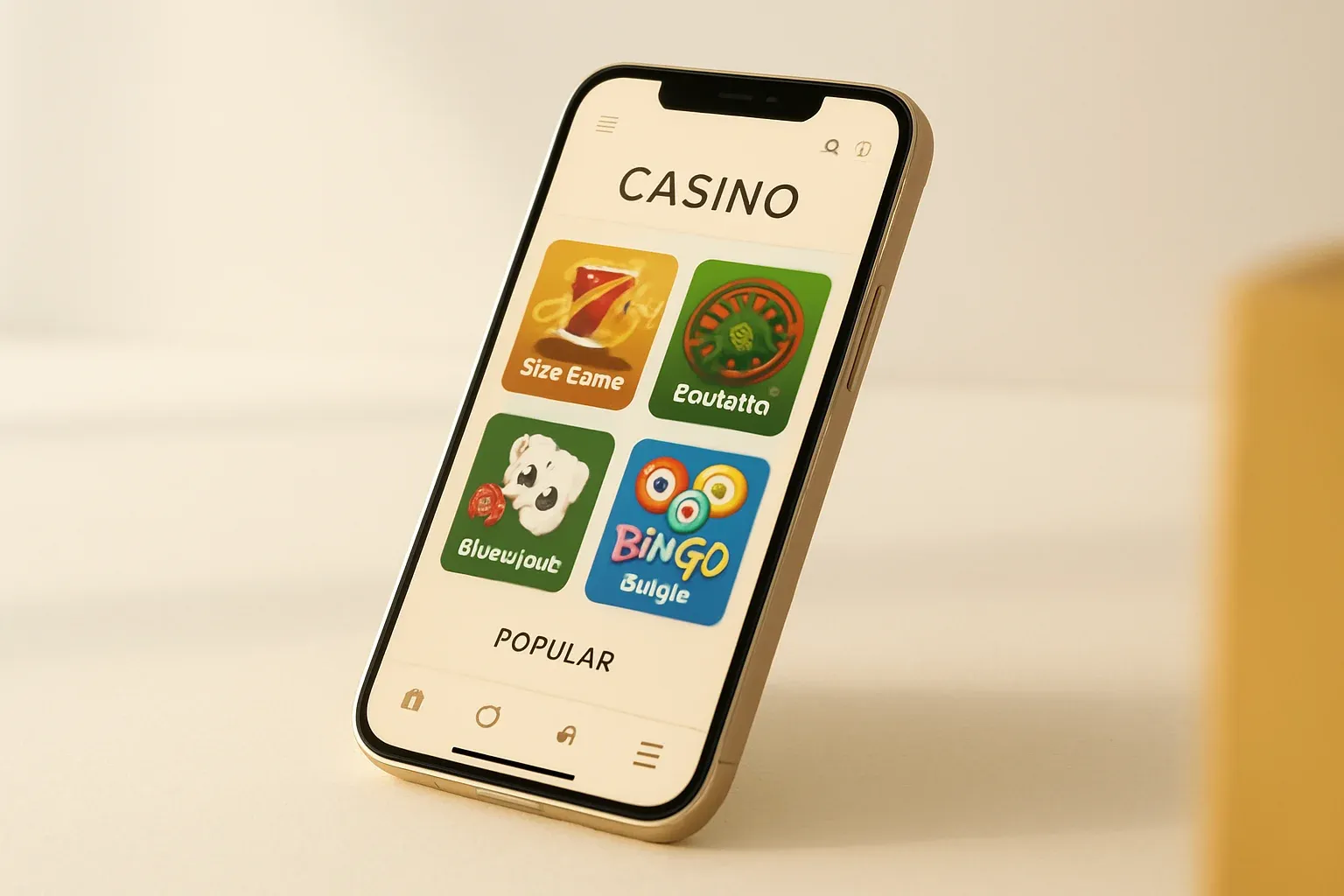 Smartphone angled on cream background showing colorful light-themed casino app interface