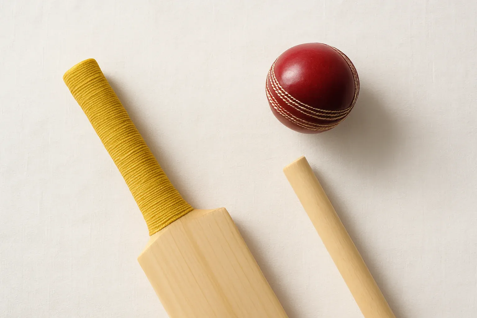 Cricket Gear Flat Lay Overhead flat lay of cricket ball, bat handle, and stump