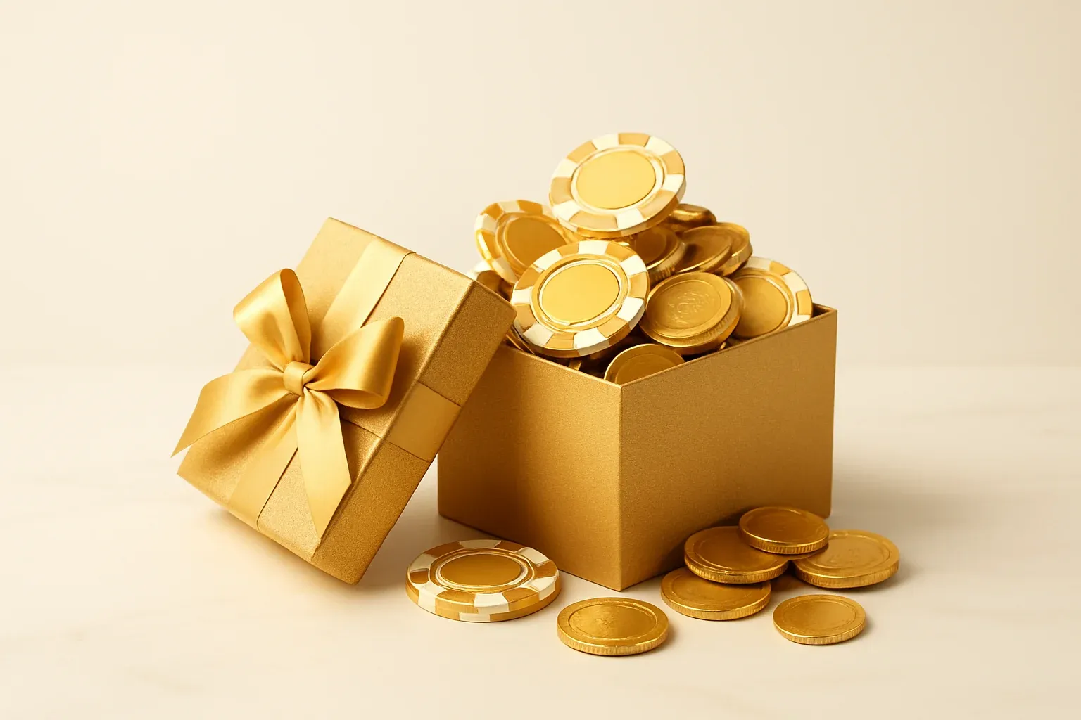 Golden Bonus Gift Box Golden gift box overflowing with poker chips and gold coins
