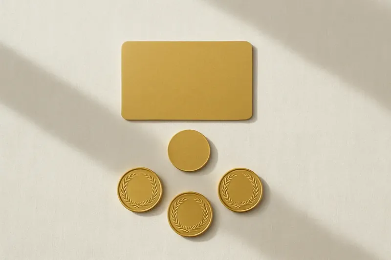 Loyalty card, bonus token, and three gold coins on white linen