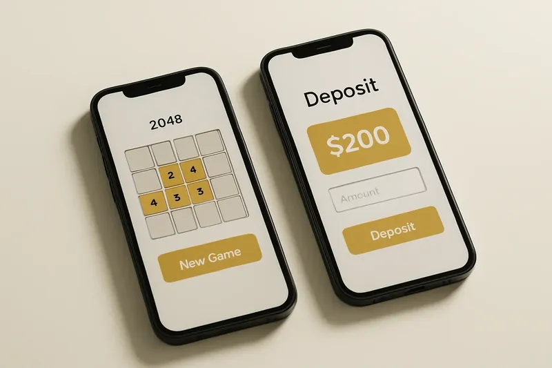 Two smartphones on cream background showing game grid and deposit screen
