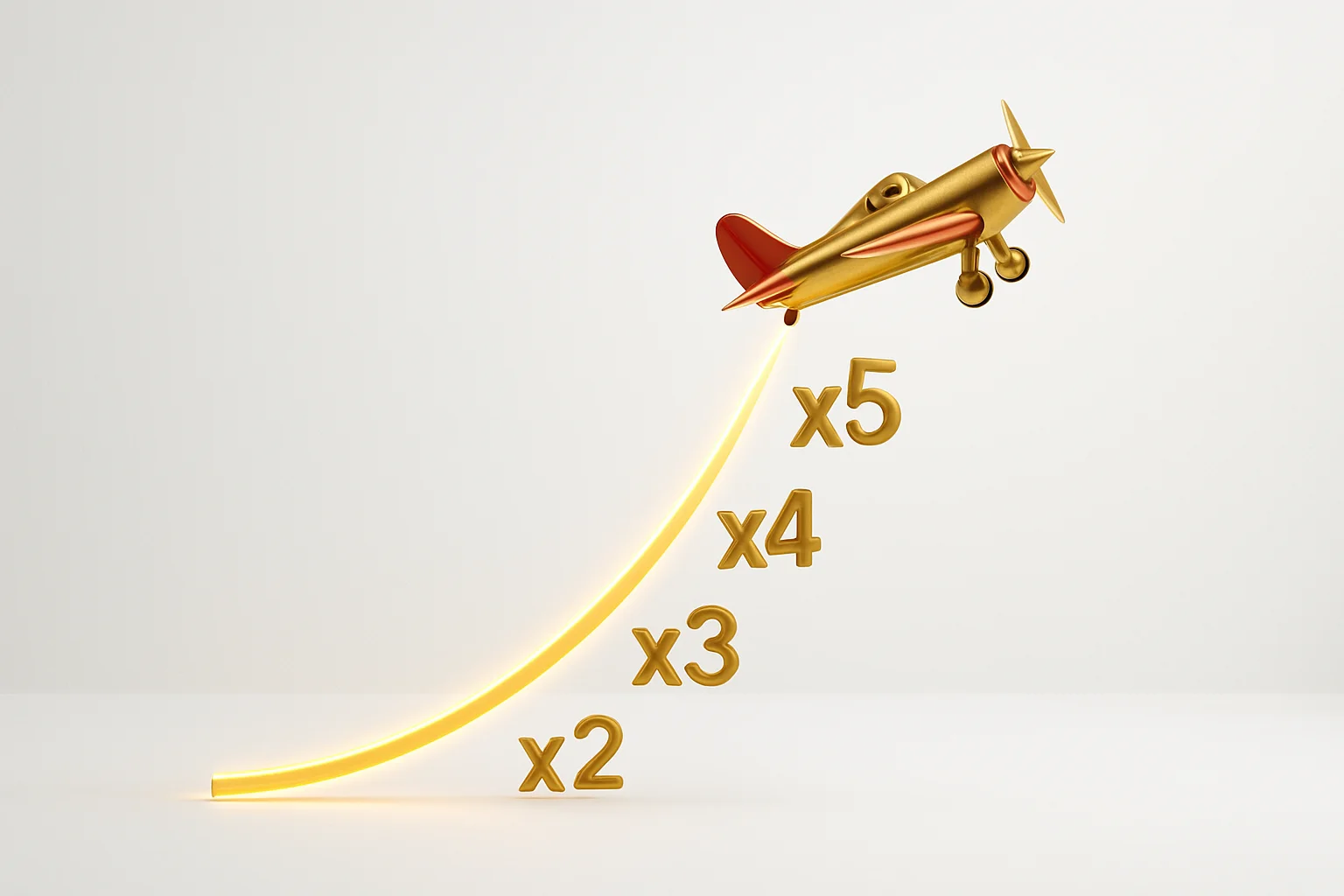 Plane ascending with glowing multiplier curve on white background