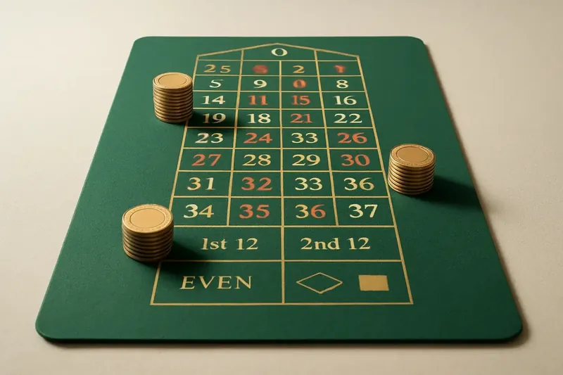 Top-down roulette table layout with chips on green felt