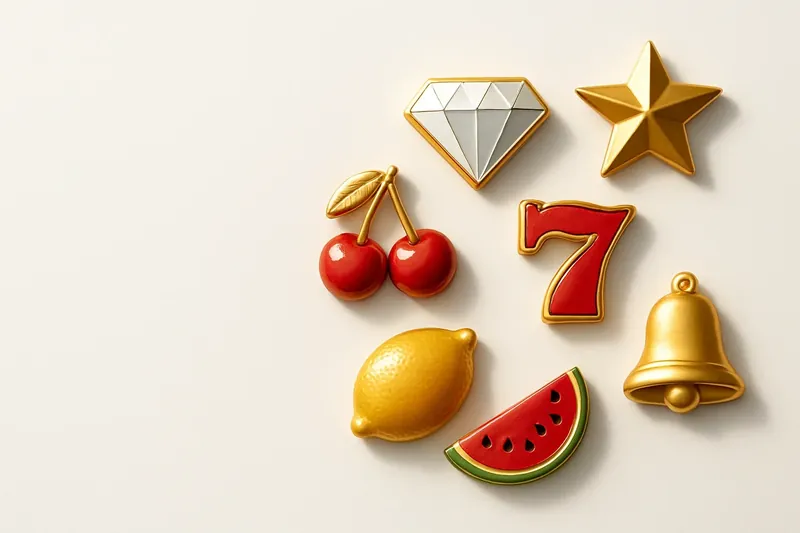 Assorted casino slot icons with fruit, diamonds, lucky sevens, and stars
